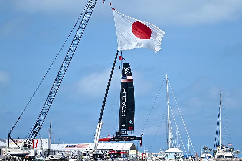  Oracle Racing is lifted at the end of Race 3, Round Robin2, America's Cup Qualifier - Day 4, May 30, 2017 - photo © Richard Gladwell