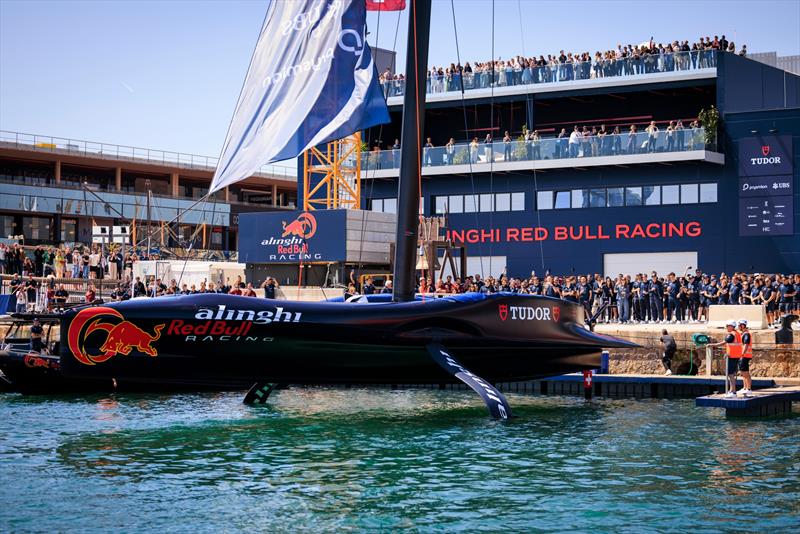 Alinghi Red Bull Racing AC75 BoatOne seen during the Presentation at the Team Base in Barcelona, Spain on April 16, . / / Samo Vidic / Alinghi Red Bull Racing / Red Bull Content Pool / / SI04160693 / / Usage for editorial use only / / photo copyright Samo Vidic taken at Société Nautique de Genève and featuring the AC75 class