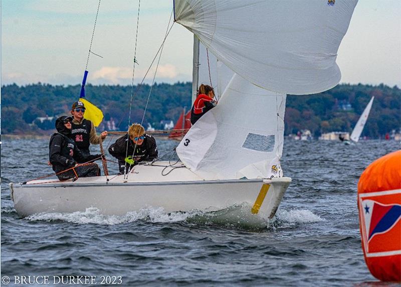 Liam O'Keefe hard at work with his winning Brown University crew from U.S. Intercollegiate Match Racing Championship from left to right, Guthrie Braun, O'Keefe, Cam Spriggs and Carly Costikyan on the bow - photo © Bruce Durkee