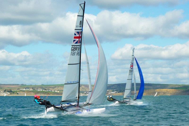 Several teams training at WPNSA in the build up to the RYA Youth Nationals photo copyright Olly Harris taken at Weymouth & Portland Sailing Academy and featuring the Nacra 15 class