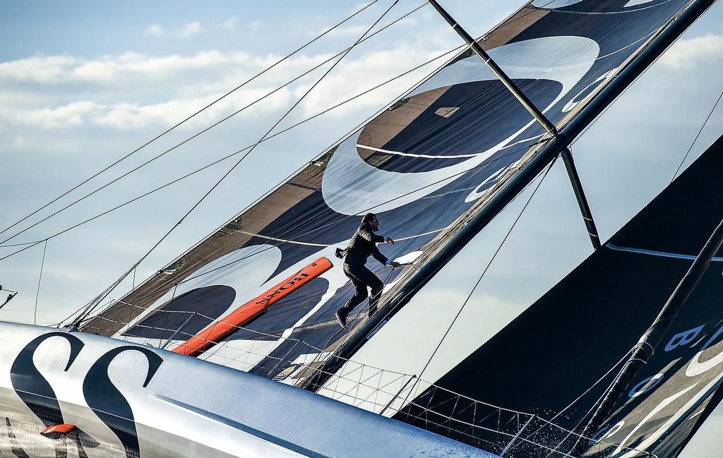 Pictures of Alex Thomson the skipper of the Hugo Boss IMOCA Open 60 race yacht walking up the mast of his yacht whilst sailing. 
Credit - Lloyd Images/Alex Thomson Racing photo copyright Lloyd Images/Alex Thomson Racing taken at  and featuring the  class