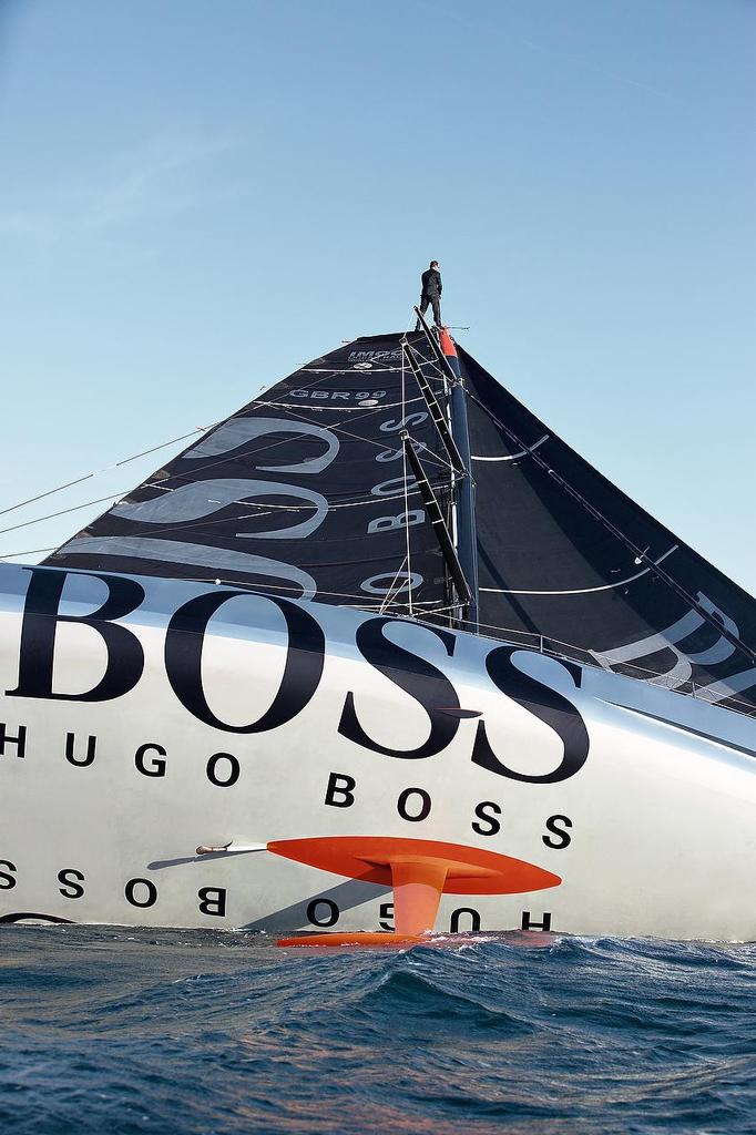 Pictures of Alex Thomson the skipper of the Hugo Boss IMOCA Open 60 race yacht walking up the mast of his yacht whilst sailing.
Credit - Lloyd Images/Alex Thomson Racing photo copyright Lloyd Images/Alex Thomson Racing taken at  and featuring the  class