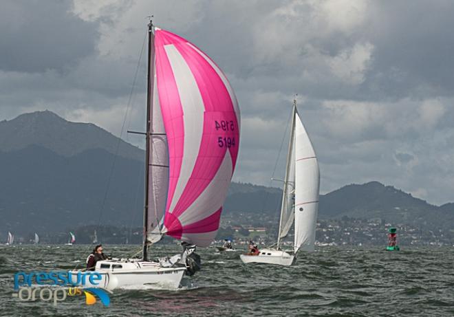 Deb Fehr and Cam Campbell both look pretty in pink on the Tuna 22 Melika - Single-handed Sailing Society Corinthian Race © Erik Simonson www.pressure-drop.us http://www.pressure-drop.us