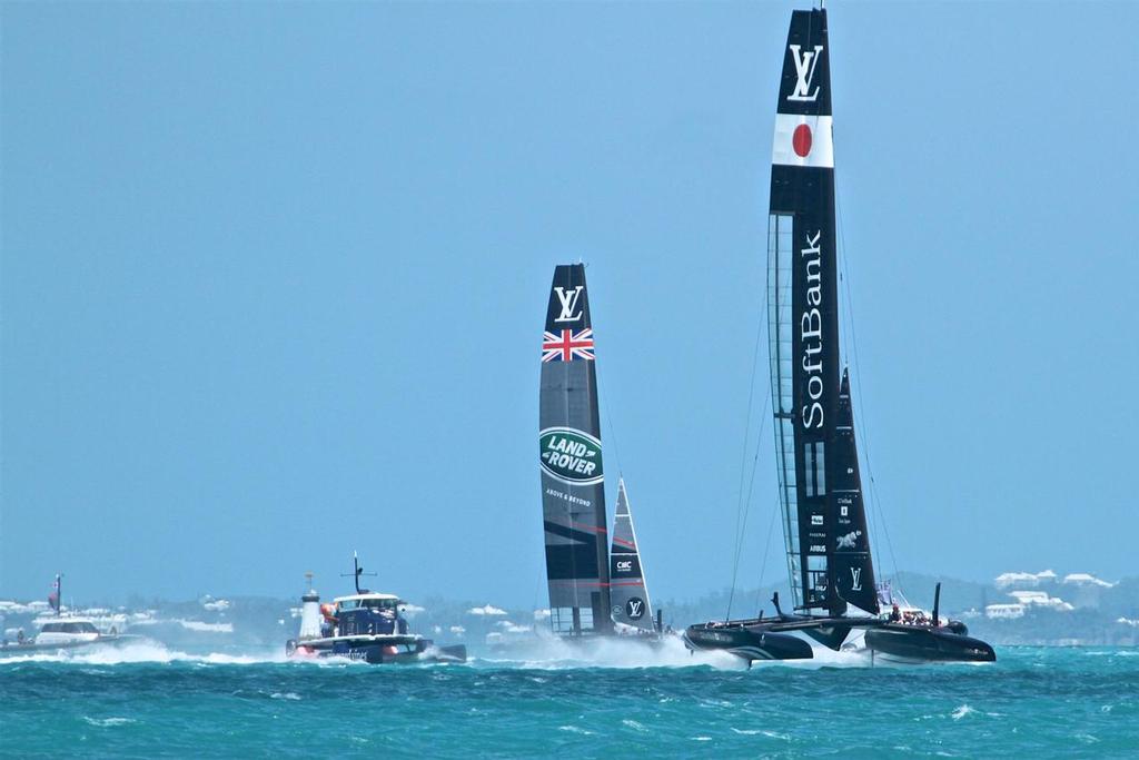 Softbank Team Japan followed by Land Rover BAR (GBR) Practice Day, America's Cup 2017, May 25, 2017 Great Sound Bermuda © Richard Gladwell www.photosport.co.nz