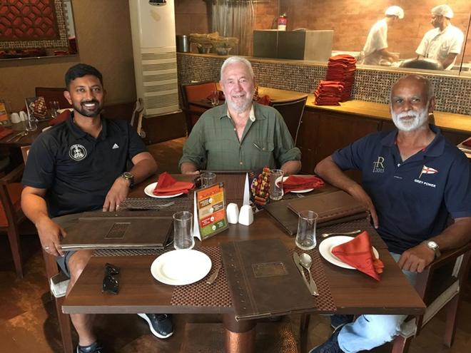 Sir Robin Knox-Johnston met with Abhilash Tomy, (left) and Dilip Donde (right) two of India's best-known sailors, during a recent visit to India to learn about the Suhaili replica being built for the 2018 Golden Globe Race ©  Sir Robin Knox-Johnston / PPL Photo Agency