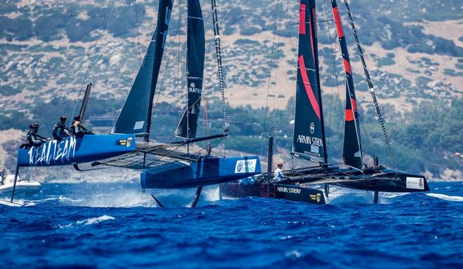 Realteam engaged in a duel with fellow Swiss crew Armin Strom – GC32 Villasimius Cup © Jesus Renedo / GC32 Racing Tour