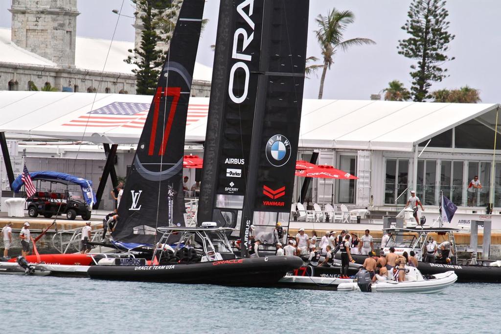 Relaxed scene as Oracle Team USA pulls into their dock after a final training session  - America's Cup 2017, June 23, 2017 - Great Sound Bermuda © Richard Gladwell www.photosport.co.nz