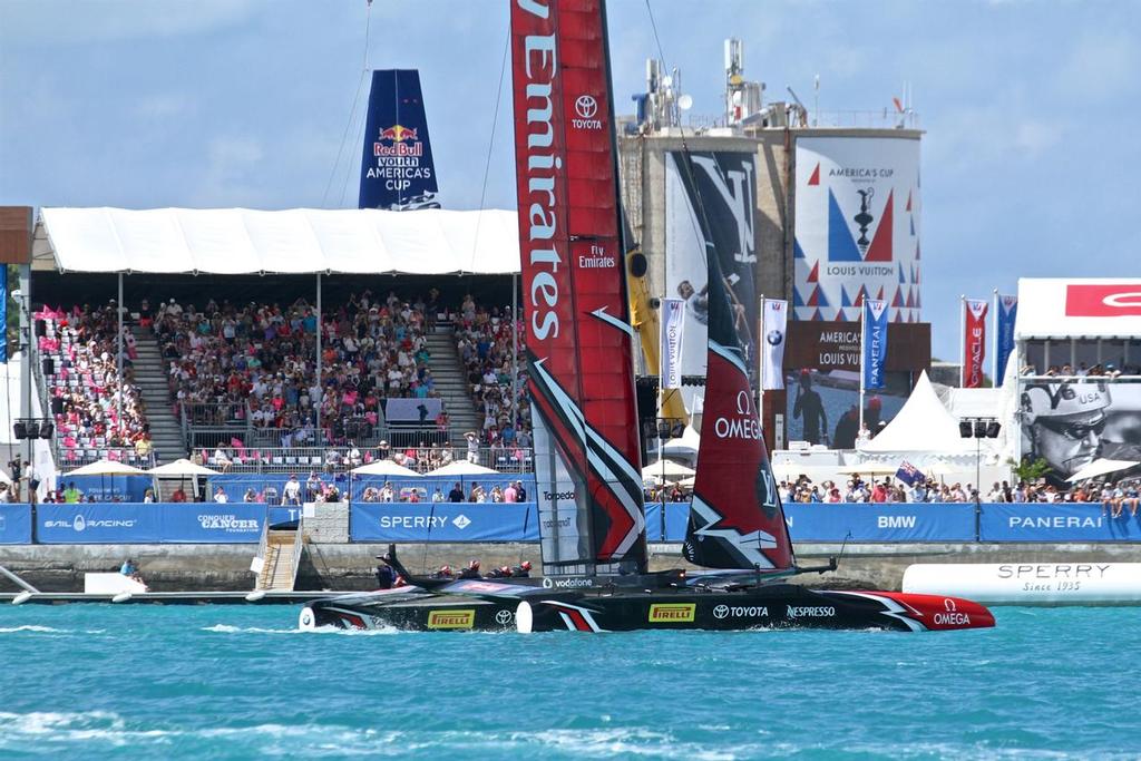 Emirates Team NZ finishes in front of a partially filled stadium - America's Cup Match - Bermuda 2017 photo copyright Richard Gladwell www.photosport.co.nz taken at  and featuring the  class